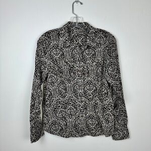 Liz Claiborne Brown Cream Damask Floral Long Sleeve Button Down Blouse S